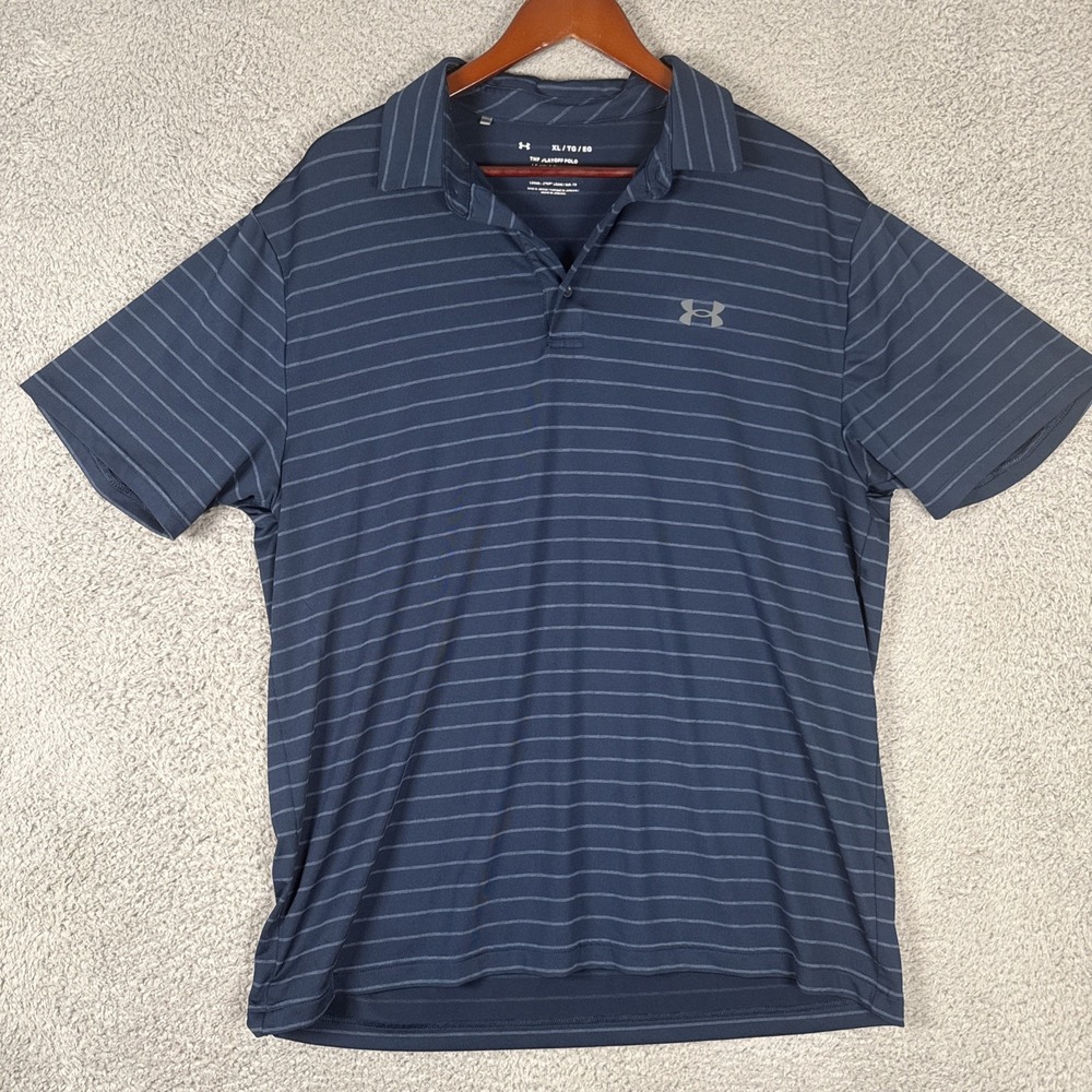 Under Armour Polo Shirt Mens XL Blue Striped Playoff Stretch HeatGear Golf
